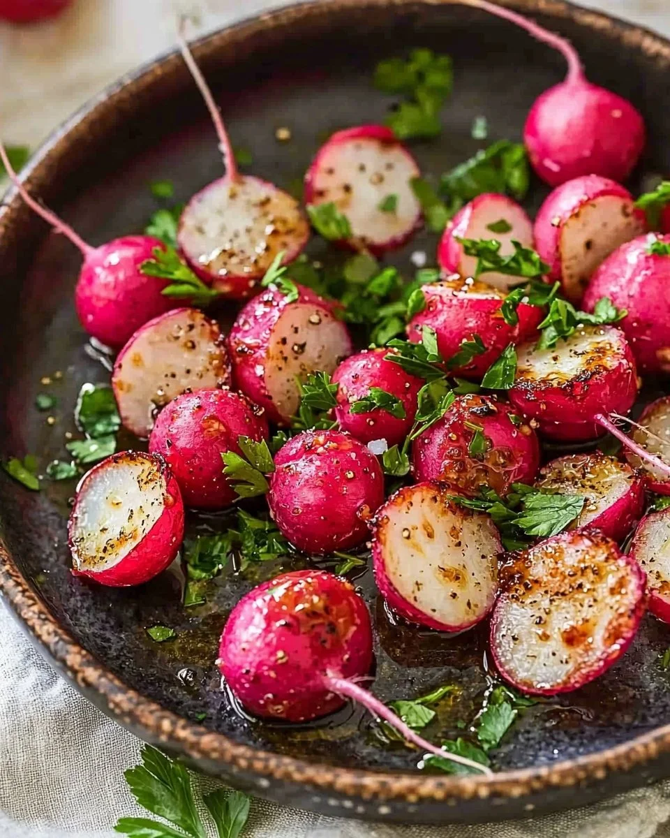 Oven-roasted garlic radishes served as a healthy side dish