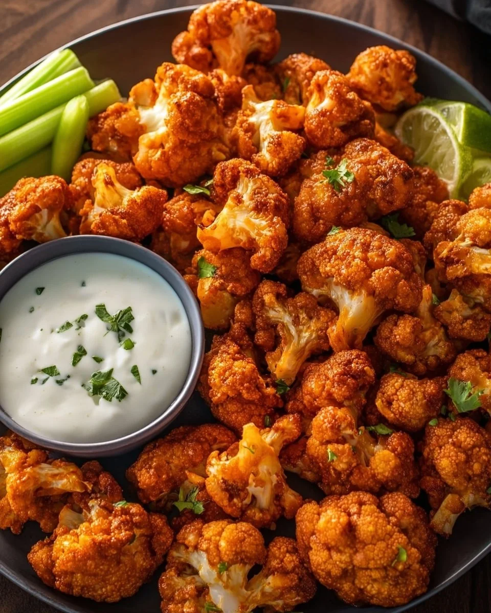 Crispy Air Fryer Buffalo Cauliflower served with a dipping sauce
