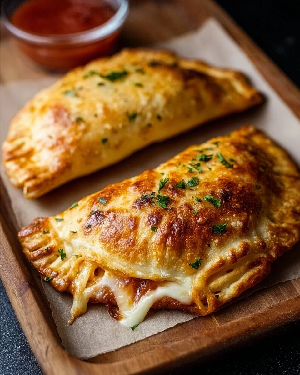 Cooked air fryer calzones filled with cheese and pepperoni on a plate.