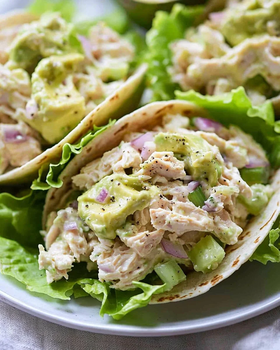 Avocado Chicken Salad Wraps with fresh ingredients wrapped in lettuce