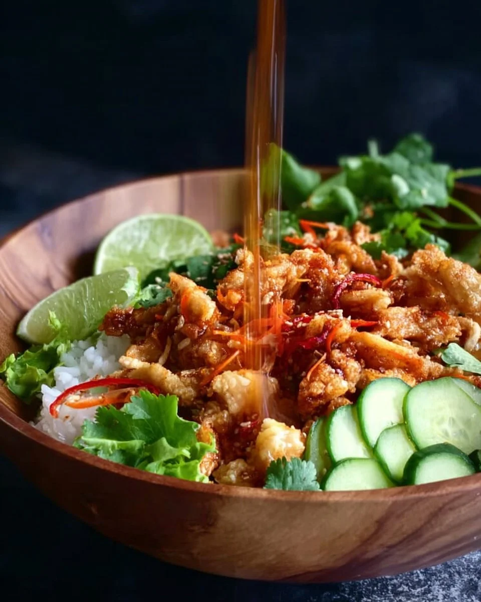 Bang Bang Chicken Crispy Rice Salad served in a vibrant bowl with fresh ingredients.