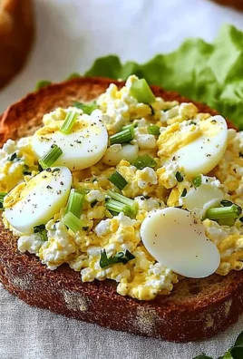 Delicious cottage cheese egg salad sandwich on a plate with fresh herbs.