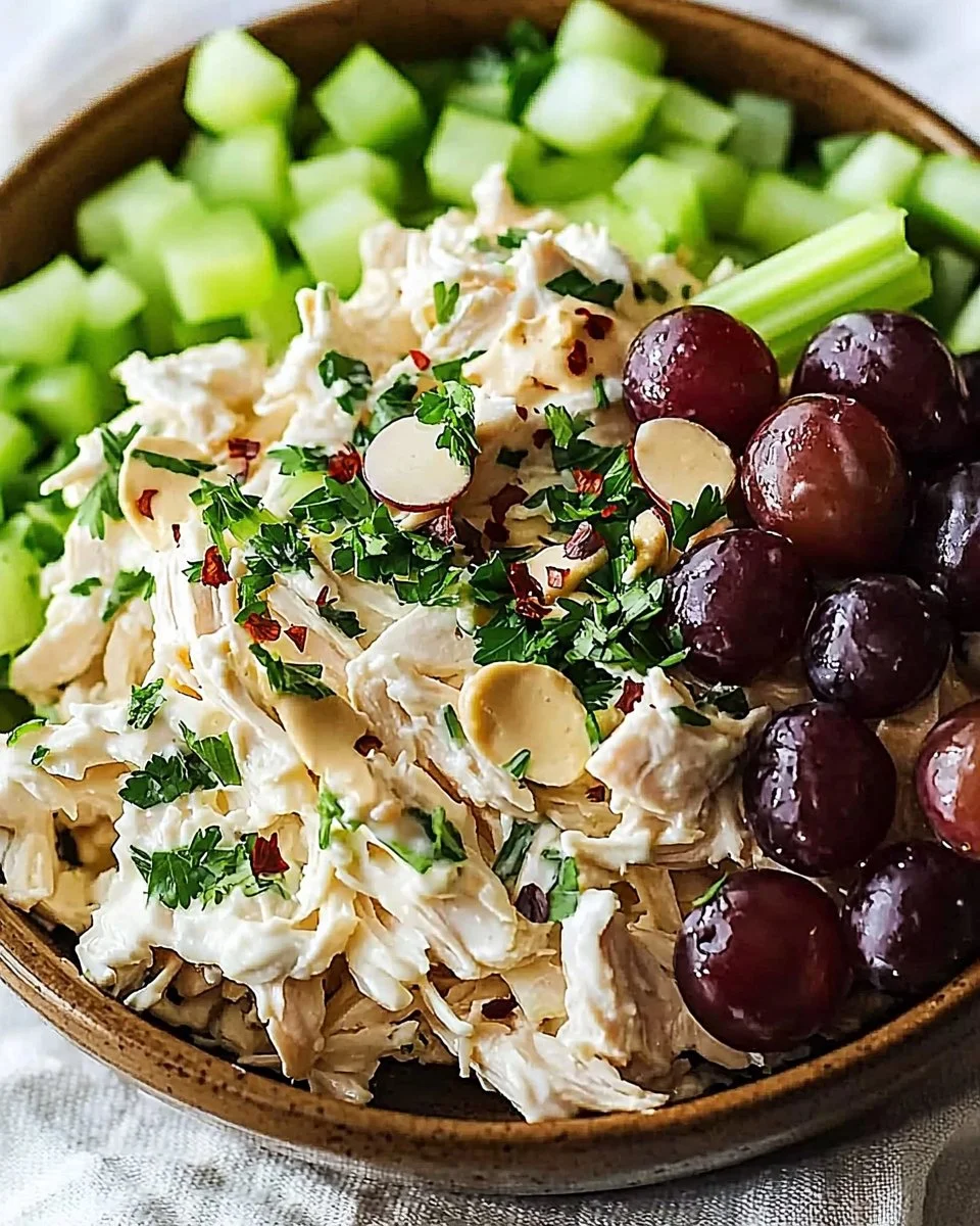 Delicious bowl of Best Ever Chicken Salad with fresh ingredients and herbs