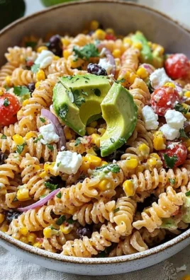 High protein elote pasta salad with fresh ingredients and vibrant colors