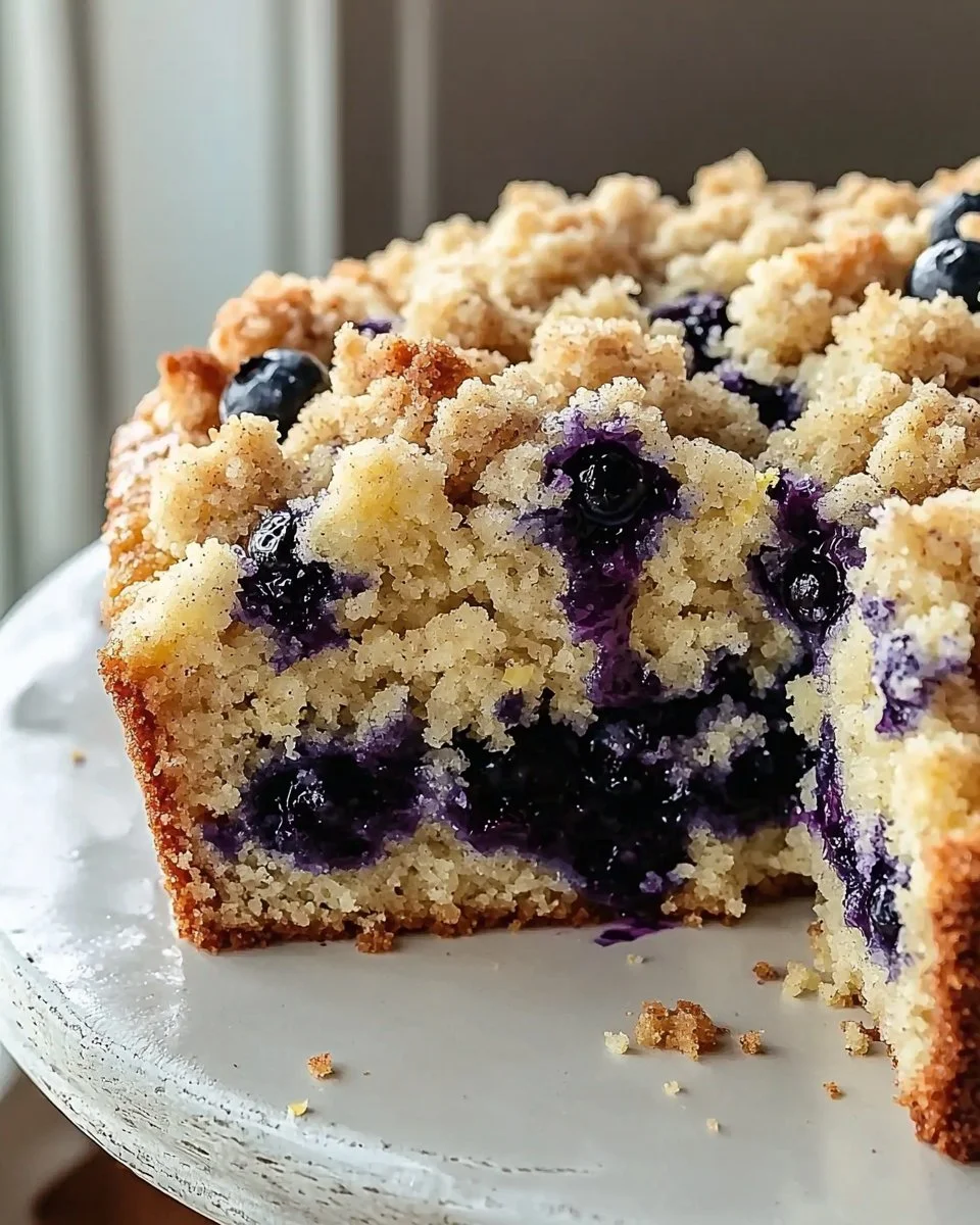 Delicious Blueberry Lemon Crumb Cake with a crumbly topping and fresh blueberries