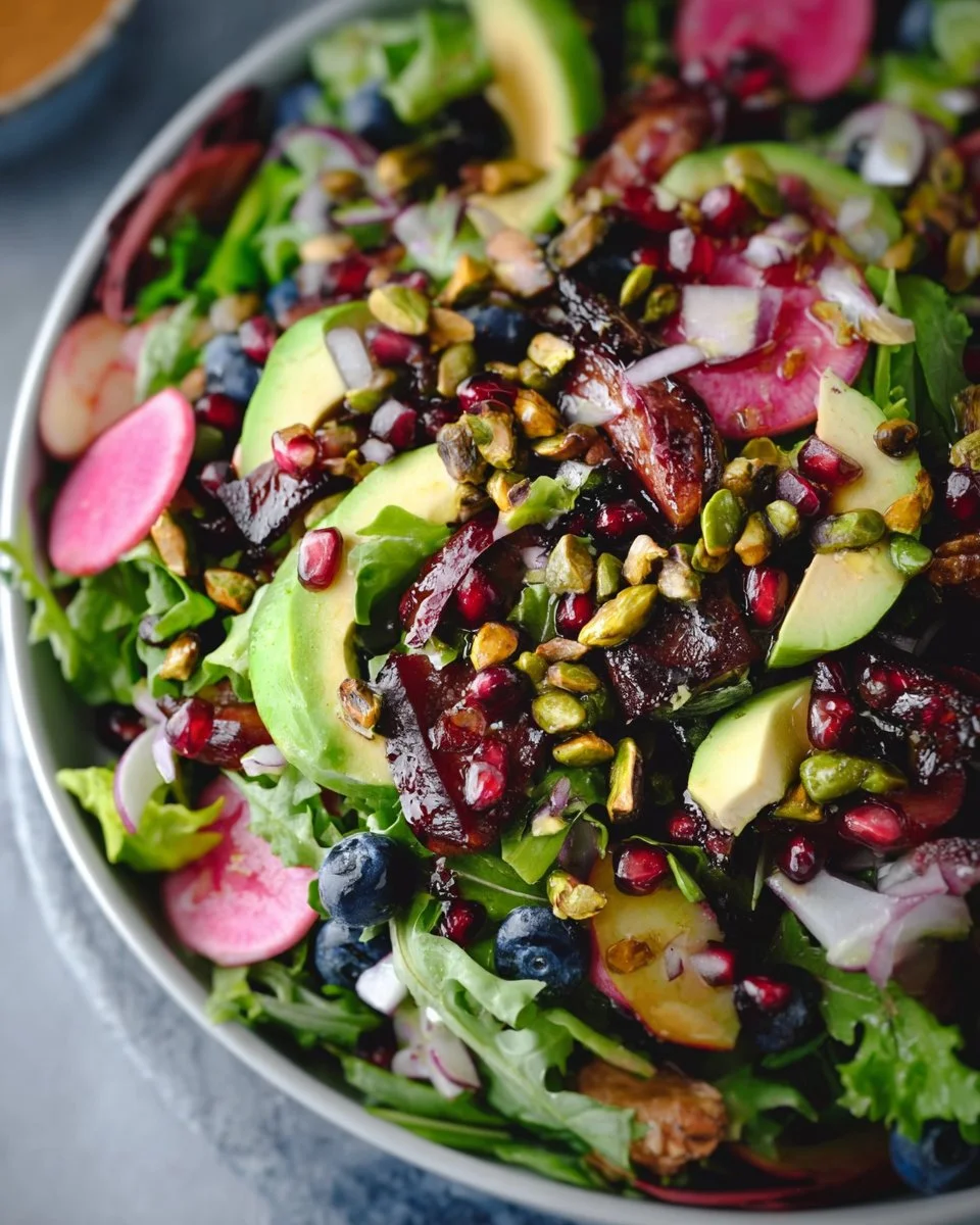 Blueberry Pistachio Spring Salad with fresh greens, blueberries, and pistachios