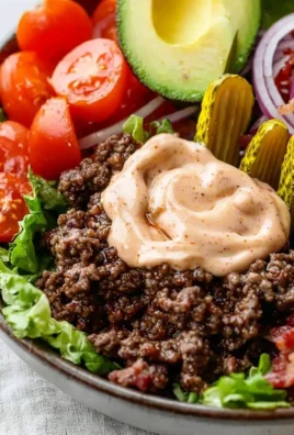 Delicious Burger Bowl topped with special sauce and fresh ingredients
