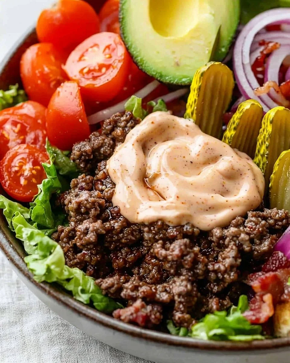 Delicious Burger Bowl topped with special sauce and fresh ingredients