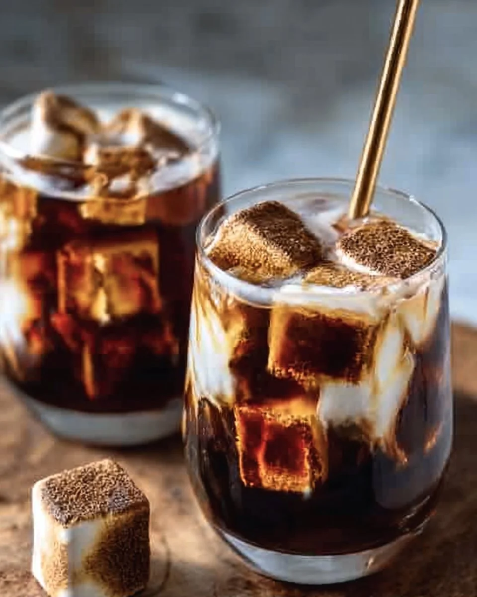 Glass of Campfire Cola Dirty Soda topped with whipped cream and s'mores toppings