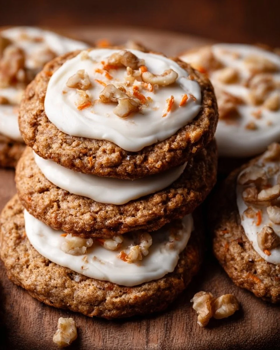 Close-up of chewy carrot cake cookies with cream cheese frosting