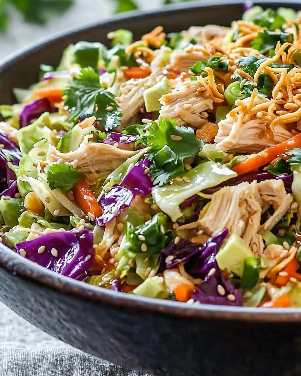 Bowl of vibrant Chinese Chicken Salad with colorful vegetables and grilled chicken