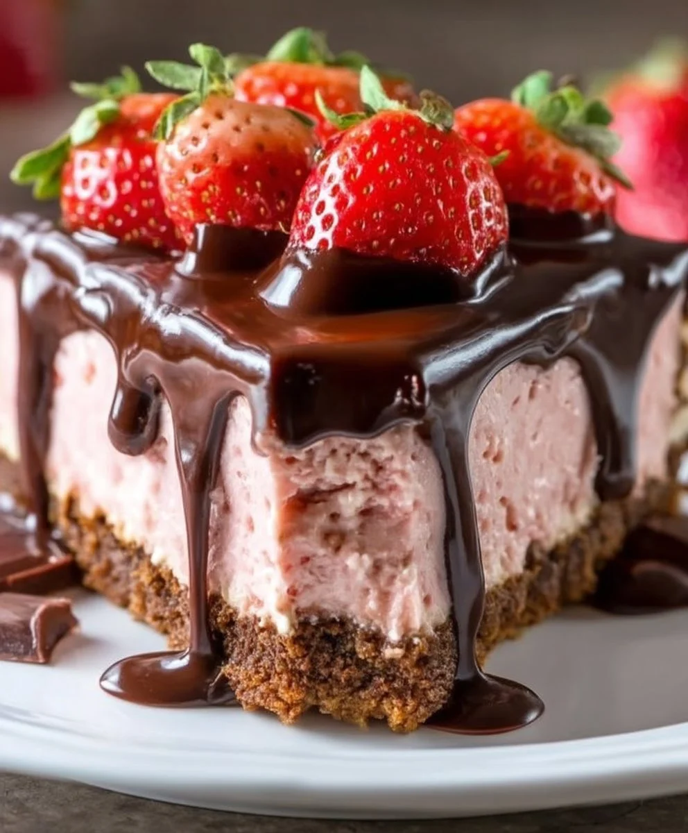 Slice of chocolate covered strawberry cheesecake topped with fresh strawberries