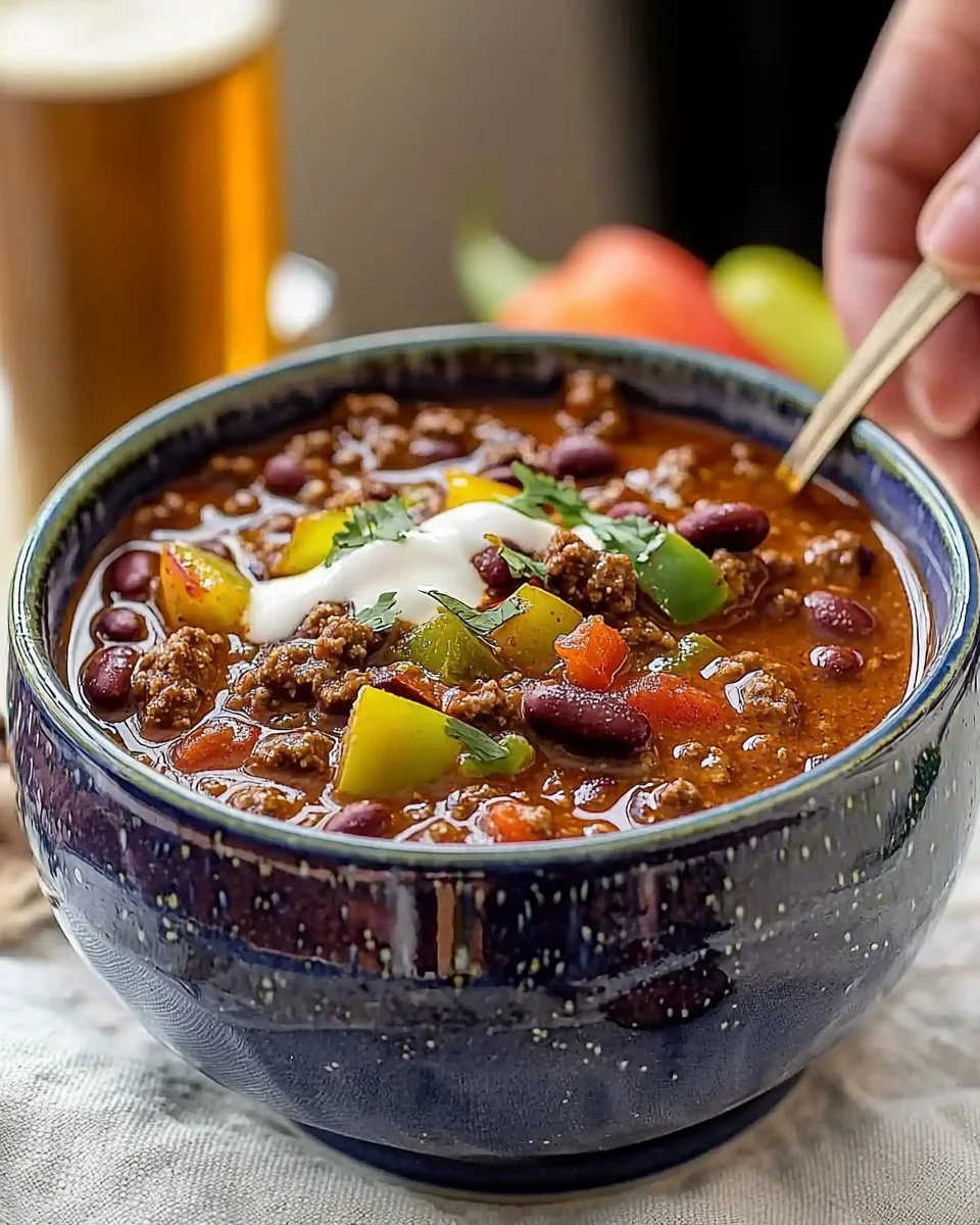 Bowl of chunky beef chili topped with cheese and cilantro