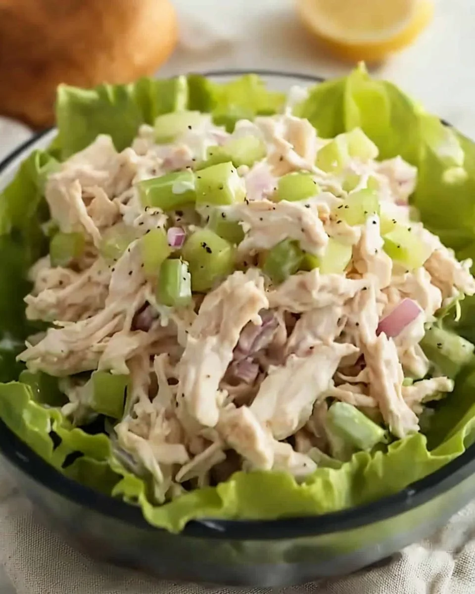 Bowl of classic chicken salad with fresh vegetables and dressing