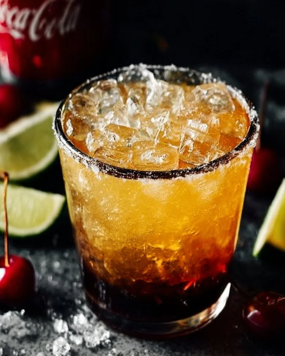 Cocktail glass filled with a Coca Cola Margarita garnished with lime