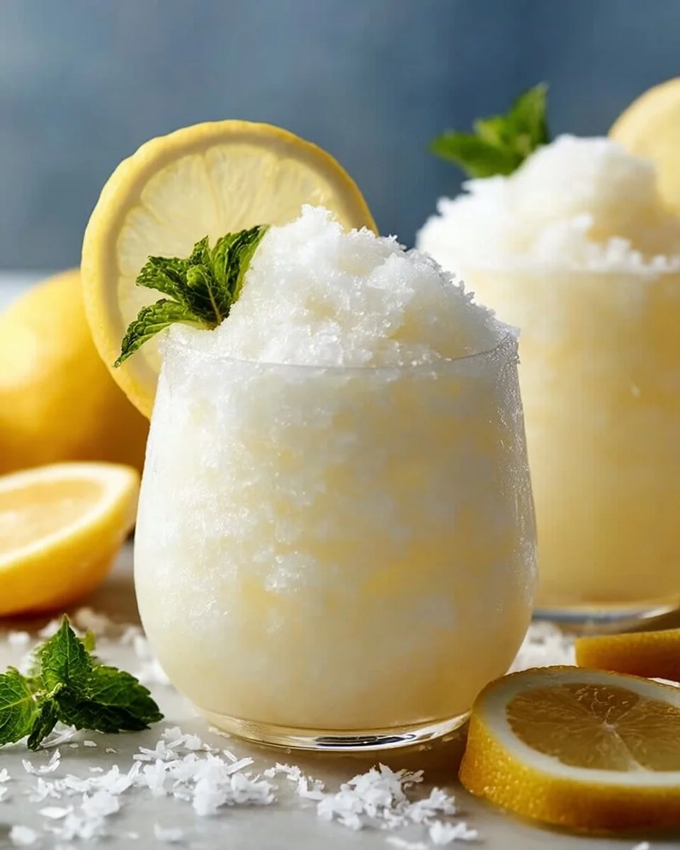 Creamy frozen coconut lemonade served in a chilled glass with a lemon slice garnish.
