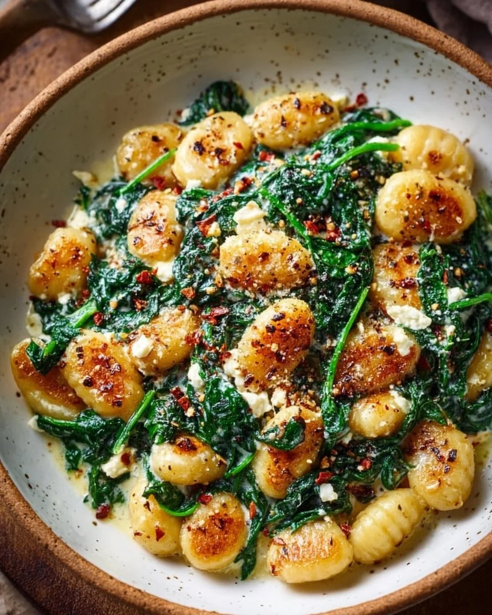 Creamy gnocchi dish with spinach and feta cheese garnished with herbs