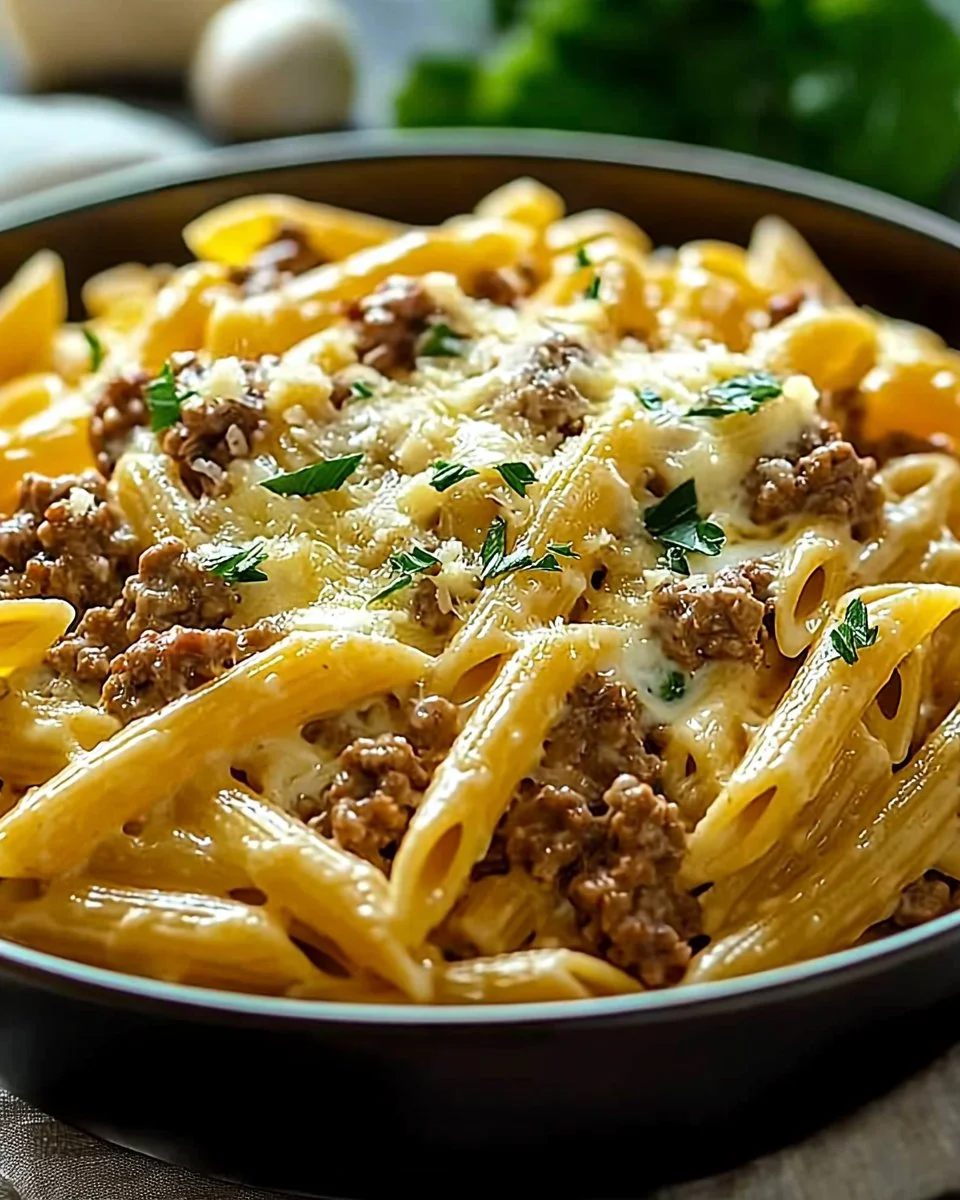 Creamy high protein beef pasta dish served in a bowl