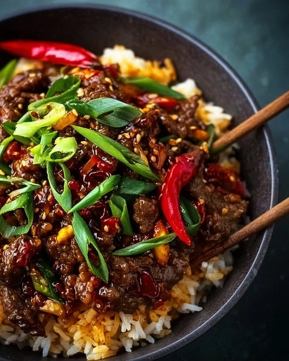 Plate of Crispy Chilli Beef Rice garnished with fresh herbs