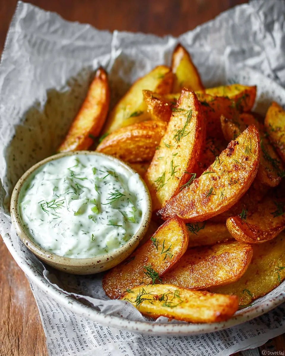 Crispy potato wedges served with a delicious cucumber dip