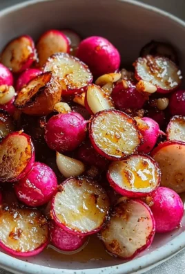 Crispy roasted radishes drizzled with honey and garlic on a serving plate