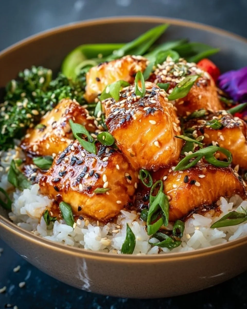 Crispy Salmon served in a rice bowl with fresh vegetables and sauces