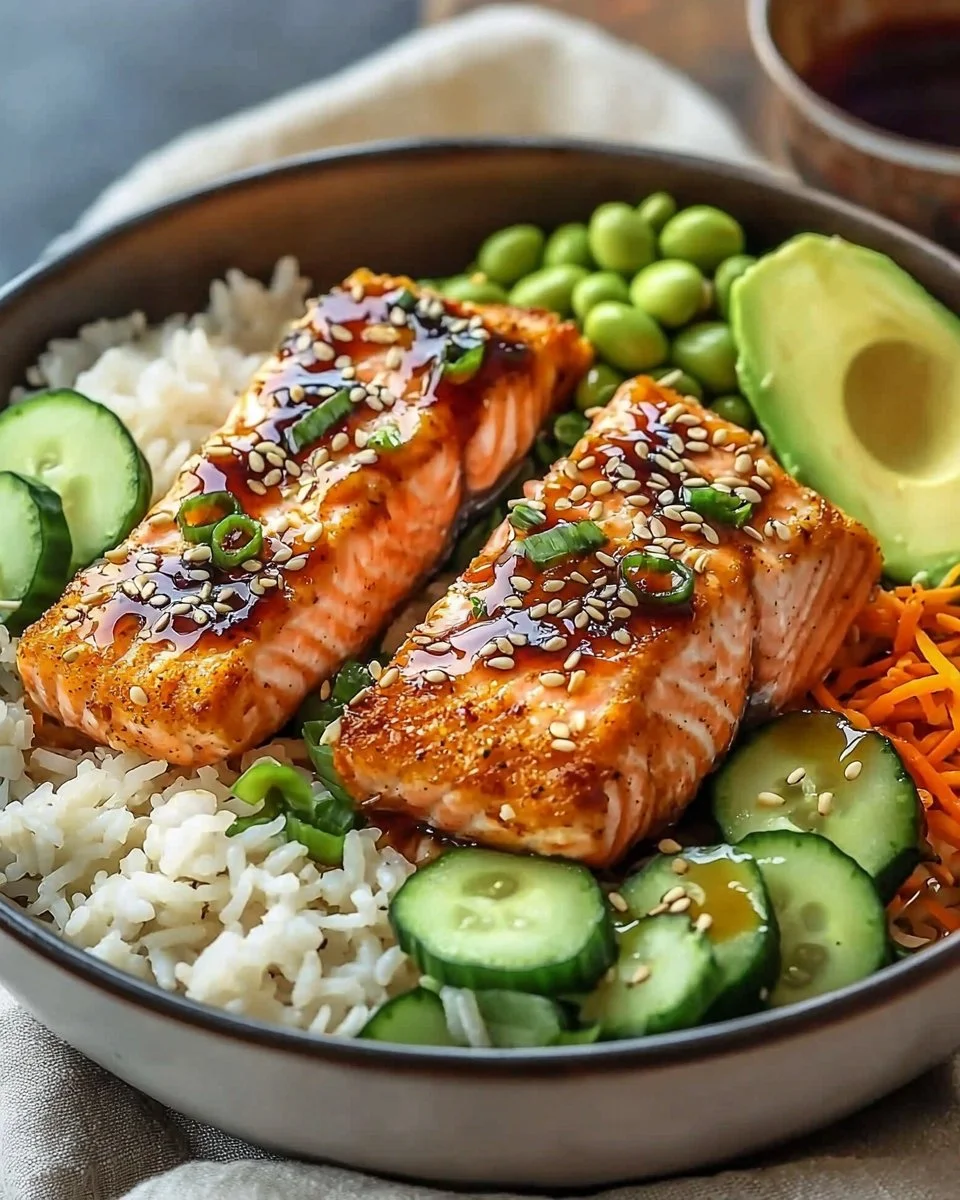 Crispy salmon on a bed of rice in a vibrant bowl, garnished with vegetables.
