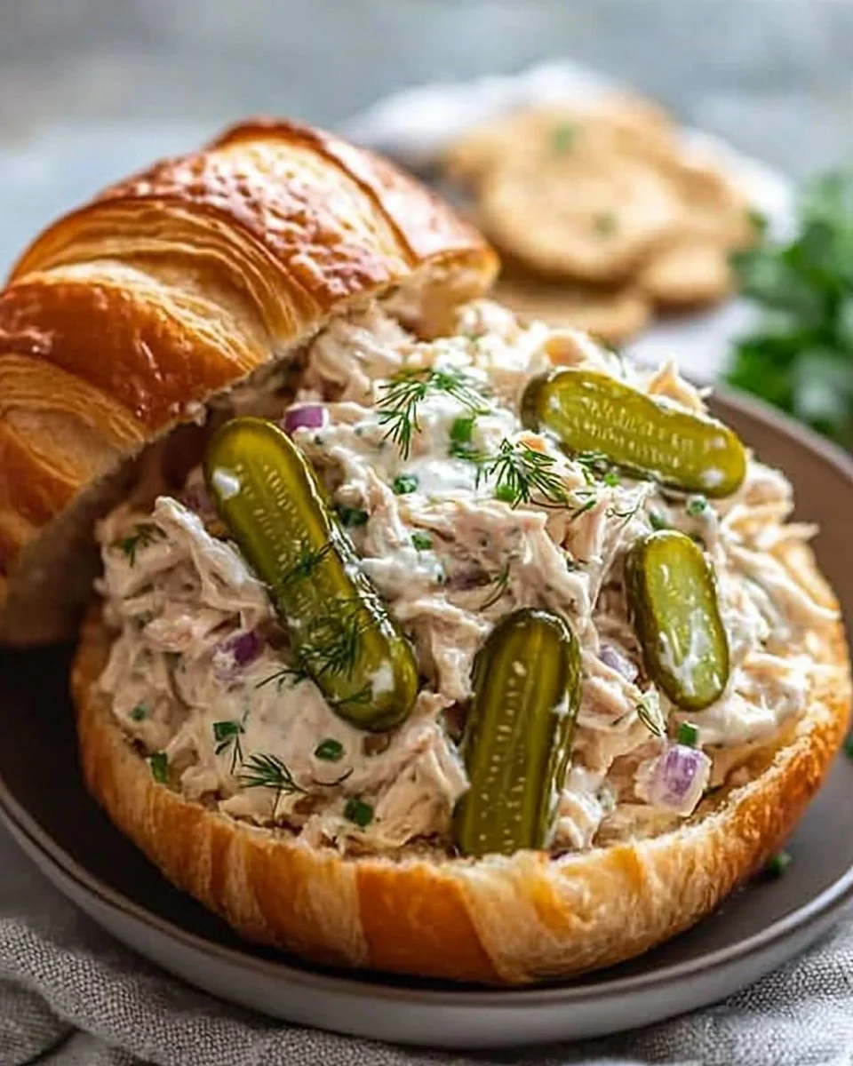 Bowl of Dill Pickle Chicken Salad with fresh ingredients and herbs