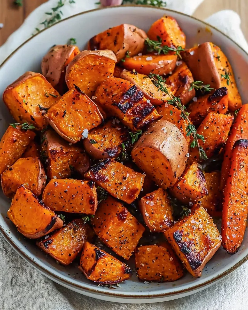 Colorful bowl of easy roasted sweet potatoes and carrots dish
