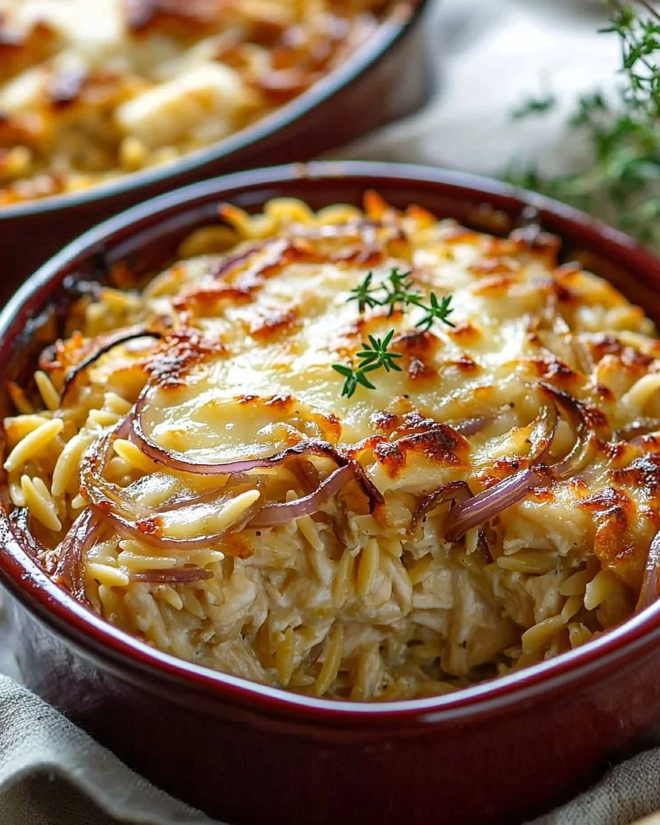 French Onion Chicken Orzo Casserole