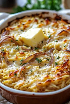 Delicious French Onion Chicken Orzo Casserole served with crispy cheese topping.