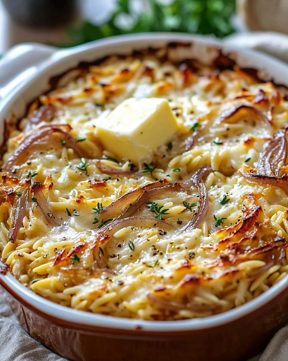 Delicious French Onion Chicken Orzo Casserole served with crispy cheese topping.