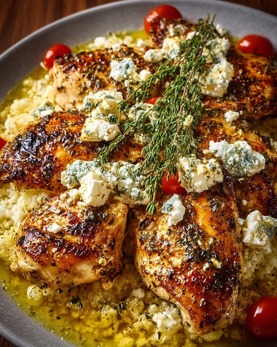 Greek chicken dish with lemon and feta cheese served on a plate