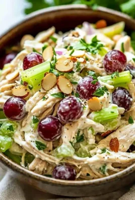 Bowl of Greek Yogurt Chicken Salad with fresh vegetables and herbs.