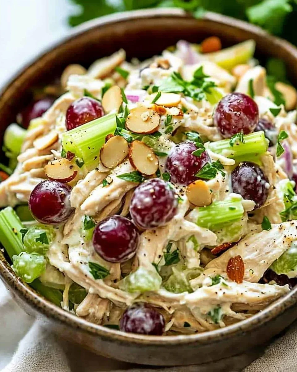 Bowl of Greek Yogurt Chicken Salad with fresh vegetables and herbs.