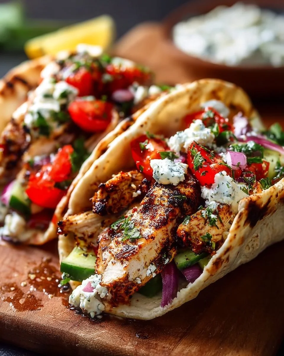 Grilled Mediterranean chicken tacos served with fresh toppings