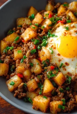 Delicious ground beef potato hash served in a skillet