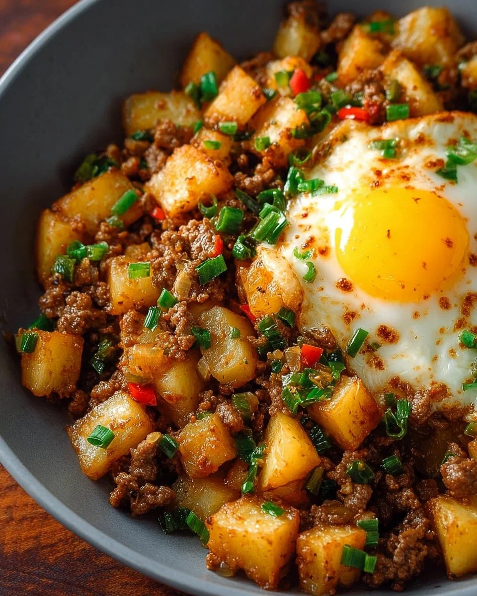 Delicious ground beef potato hash served in a skillet