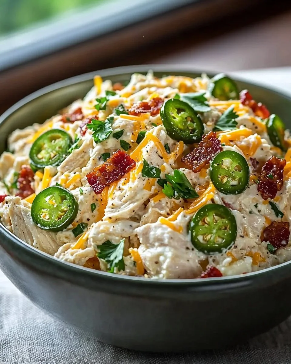 High protein jalapeno popper chicken salad with bacon and cheese