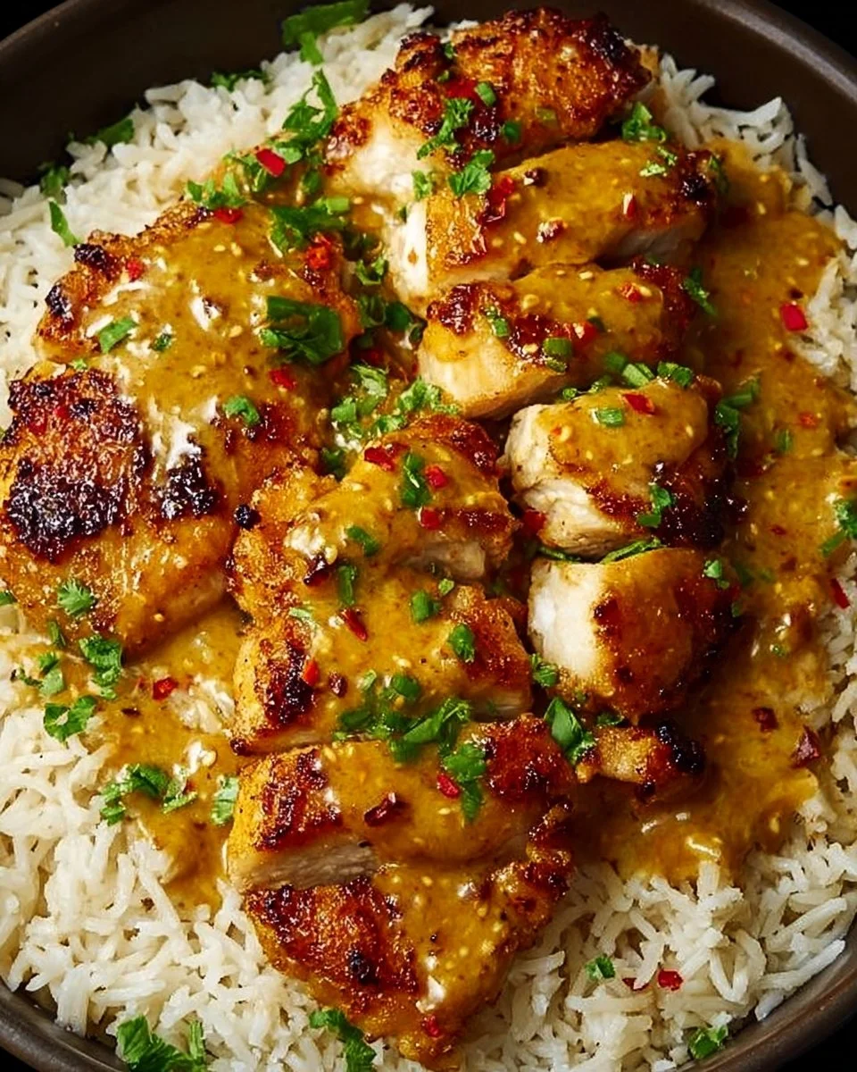 Honey Mustard Chicken served with rice on a plate, garnished with herbs.