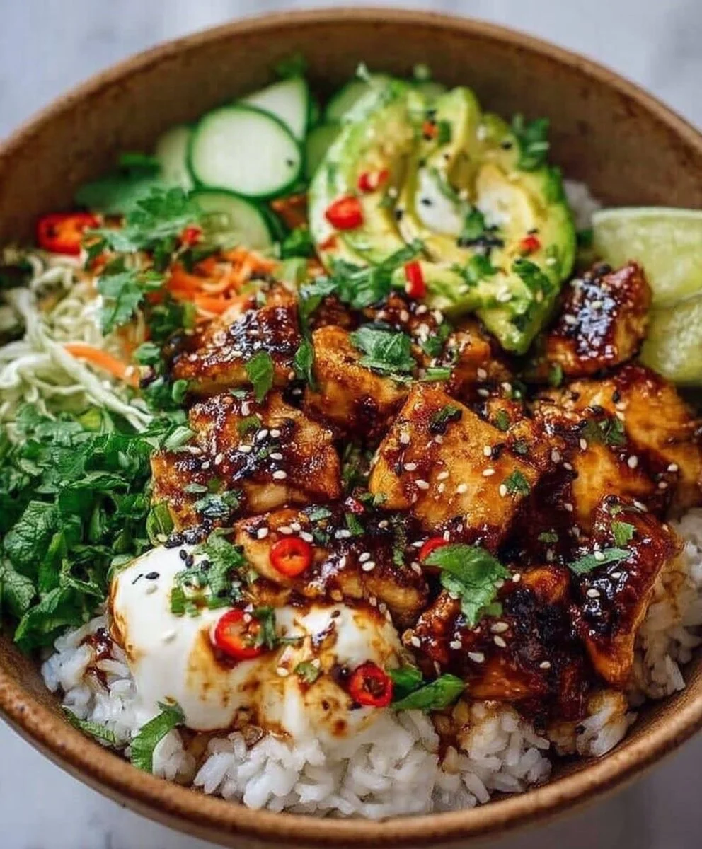Delicious Hot Honey Chicken and Rice Bowls in a vibrant bowl garnished with herbs