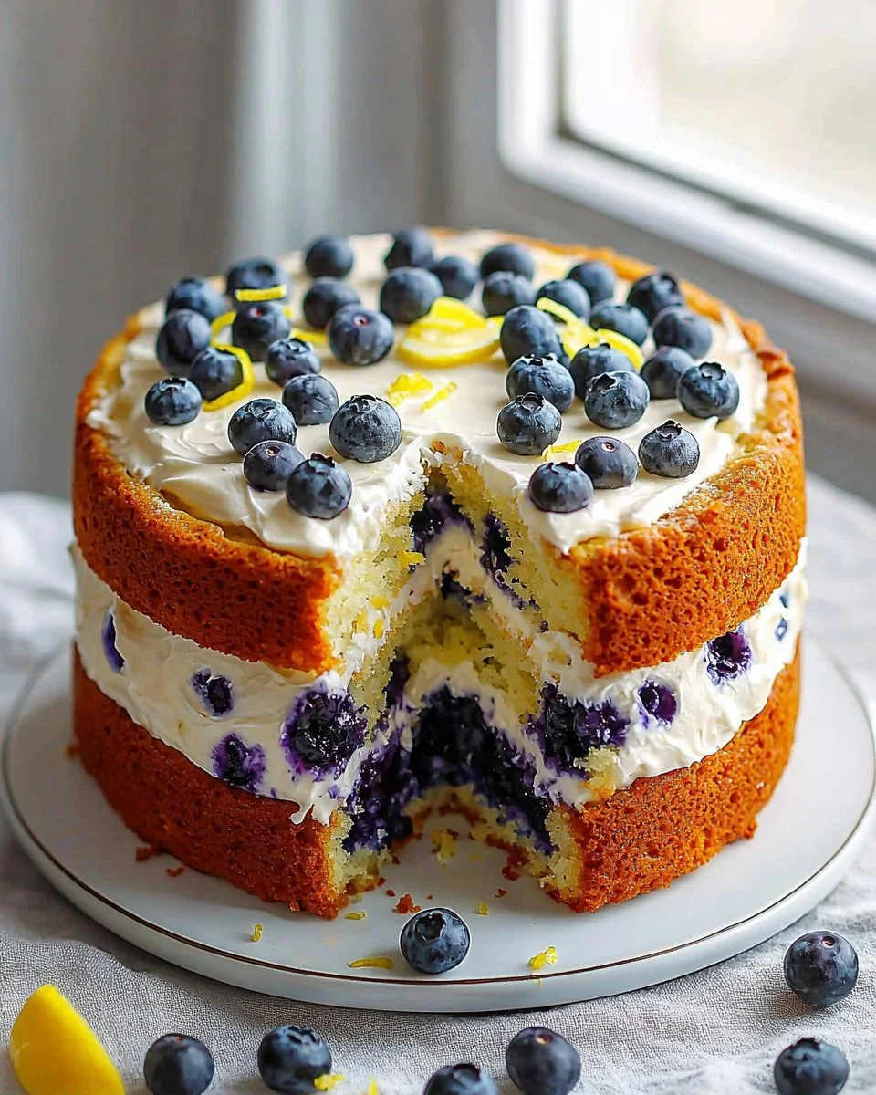Delicious Blueberry Lemon Cream Cake with fresh blueberries and lemon zest