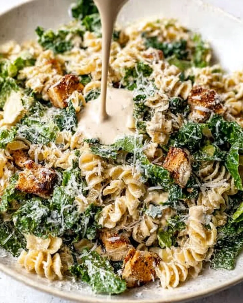 A vibrant Kale Caesar Pasta Salad with creamy dressing and croutons