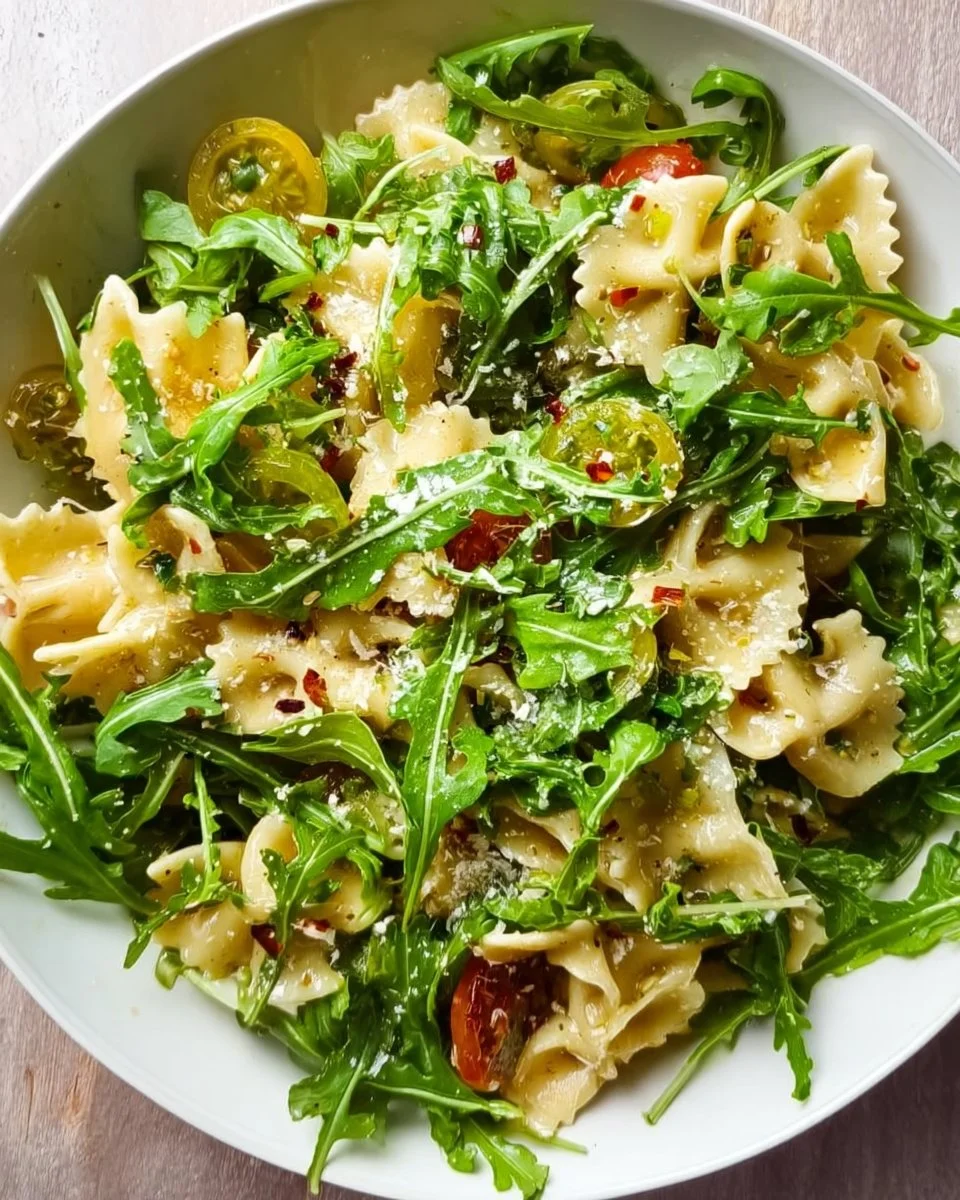 Delicious Lemon Arugula Pasta Salad served in a bowl