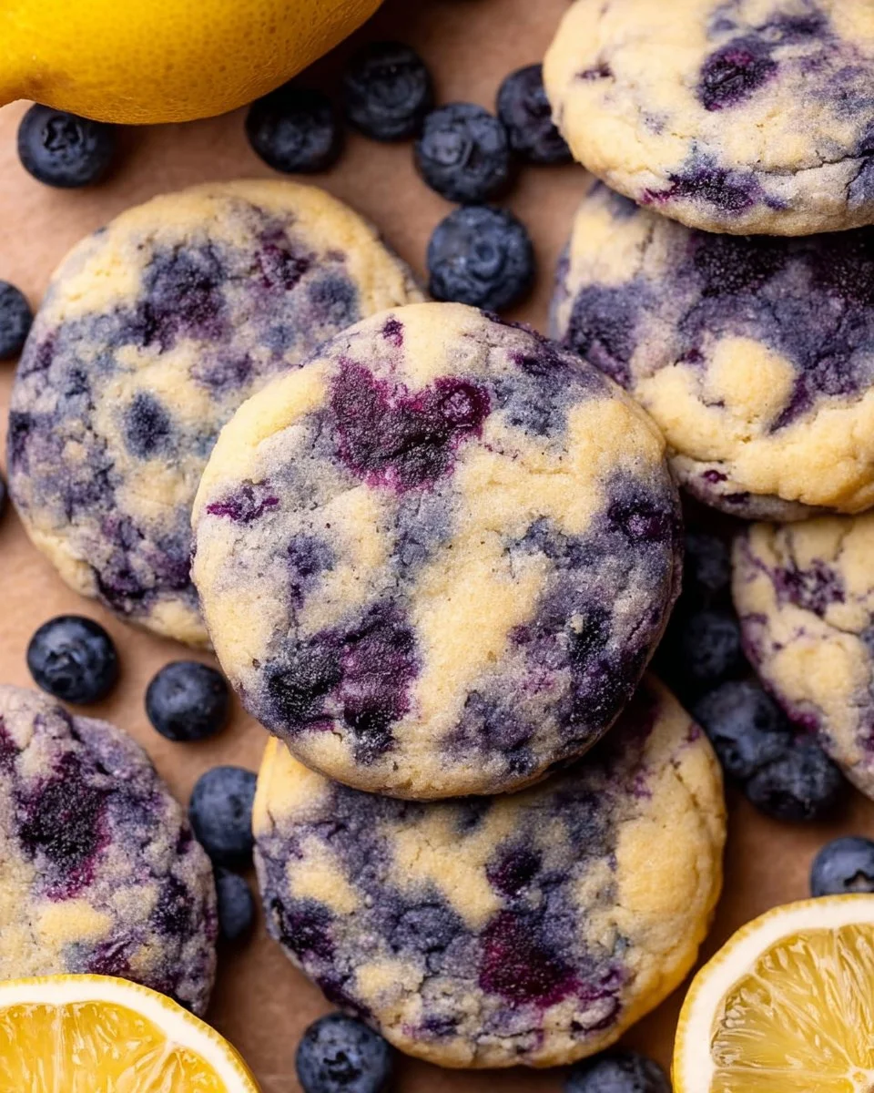Lemon blueberry cheesecake cookies with a creamy filling and fresh berries