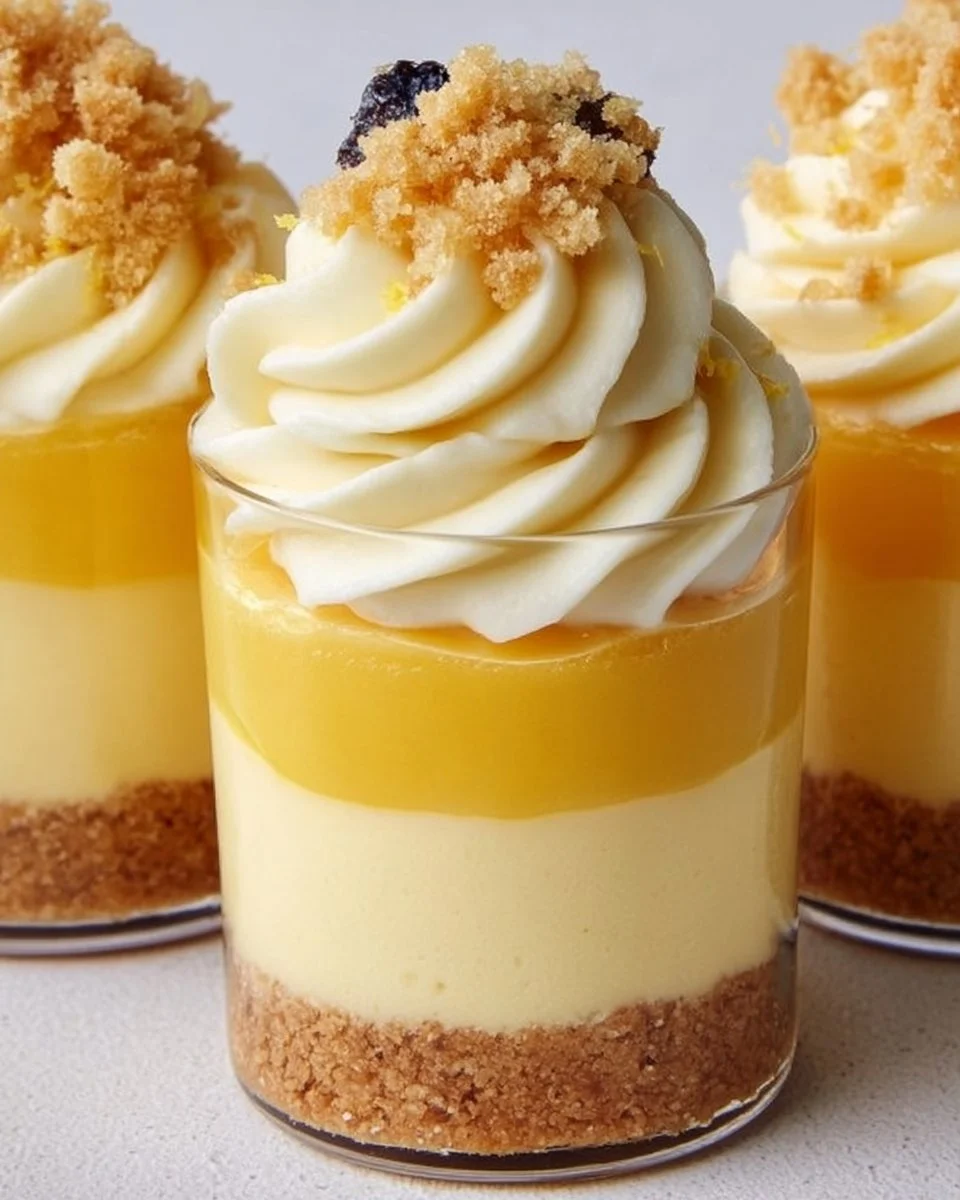 Lemon curd cheesecake dessert cups topped with fresh lemon zest and berries