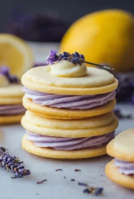 Lemon lavender sandwich cookies with frosting between two cookies