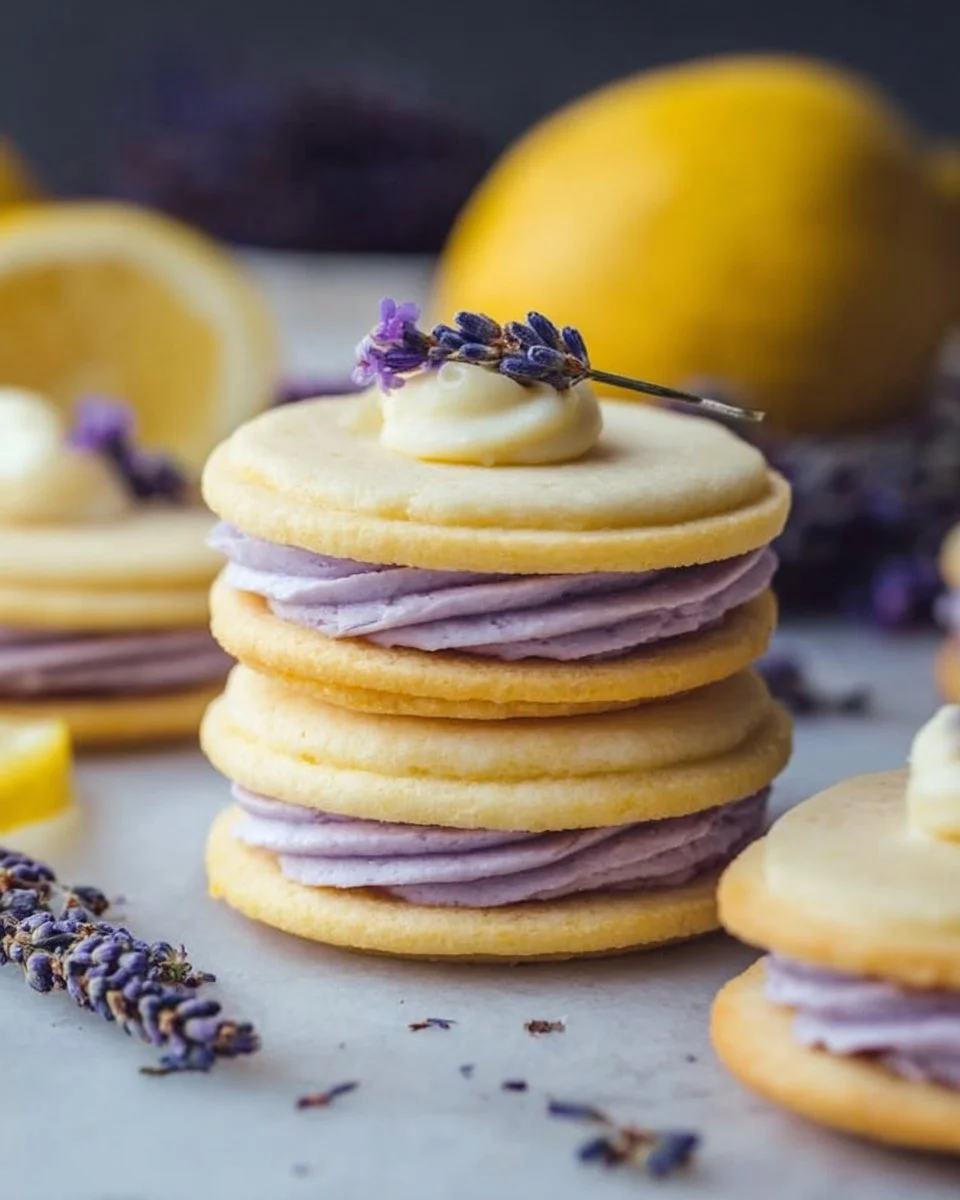 Lemon lavender sandwich cookies with frosting between two cookies