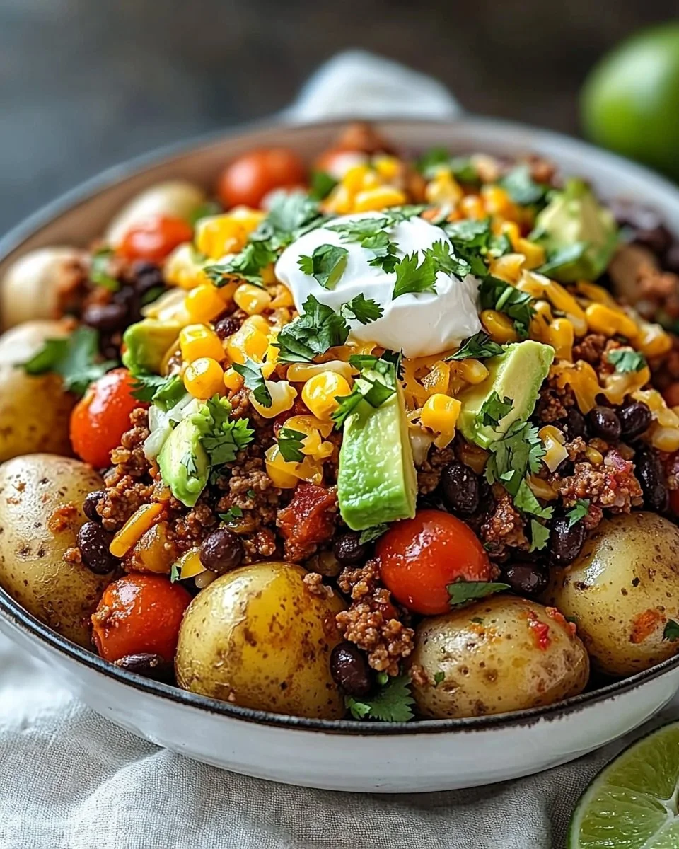 Delicious Loaded Potato Taco Bowl topped with fresh ingredients and seasonings