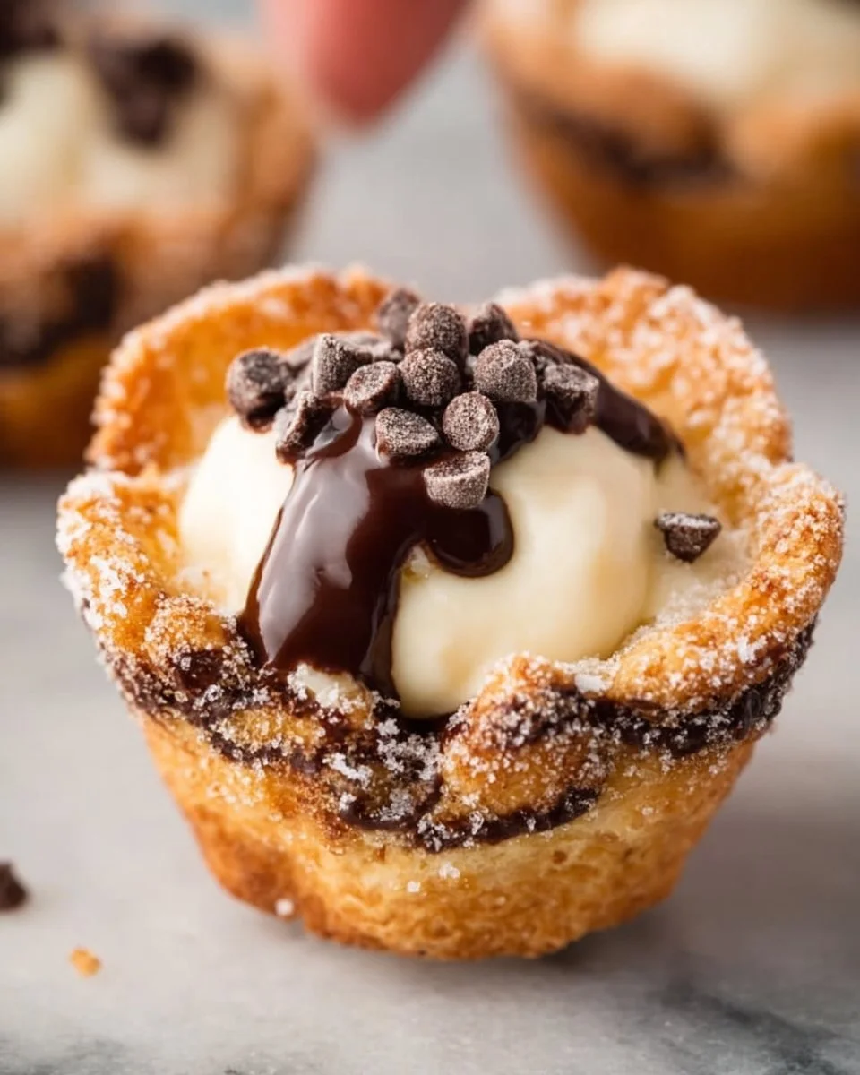 Delicious mini cannoli cups filled with sweet ricotta cream and chocolate chips.
